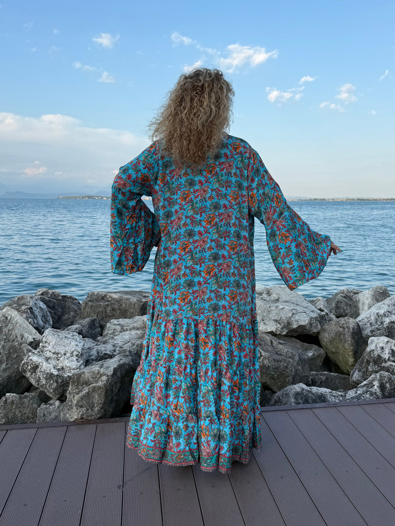 KIMONO CELESTE STAMPA FIORI ARANCIO E ROSSI