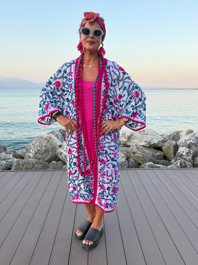 KIMONO BIANCO RICAMO FUCSIA