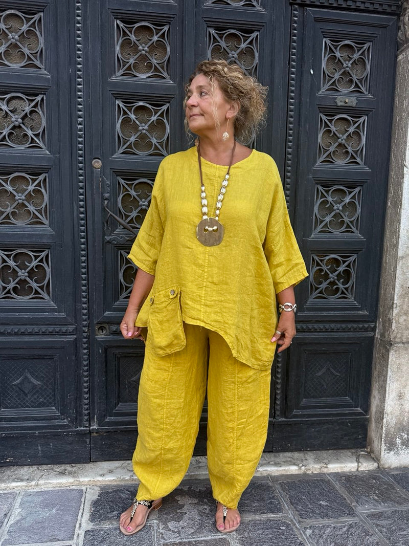 BLUSA LINO GIALLO OCRA CON TASCHINO