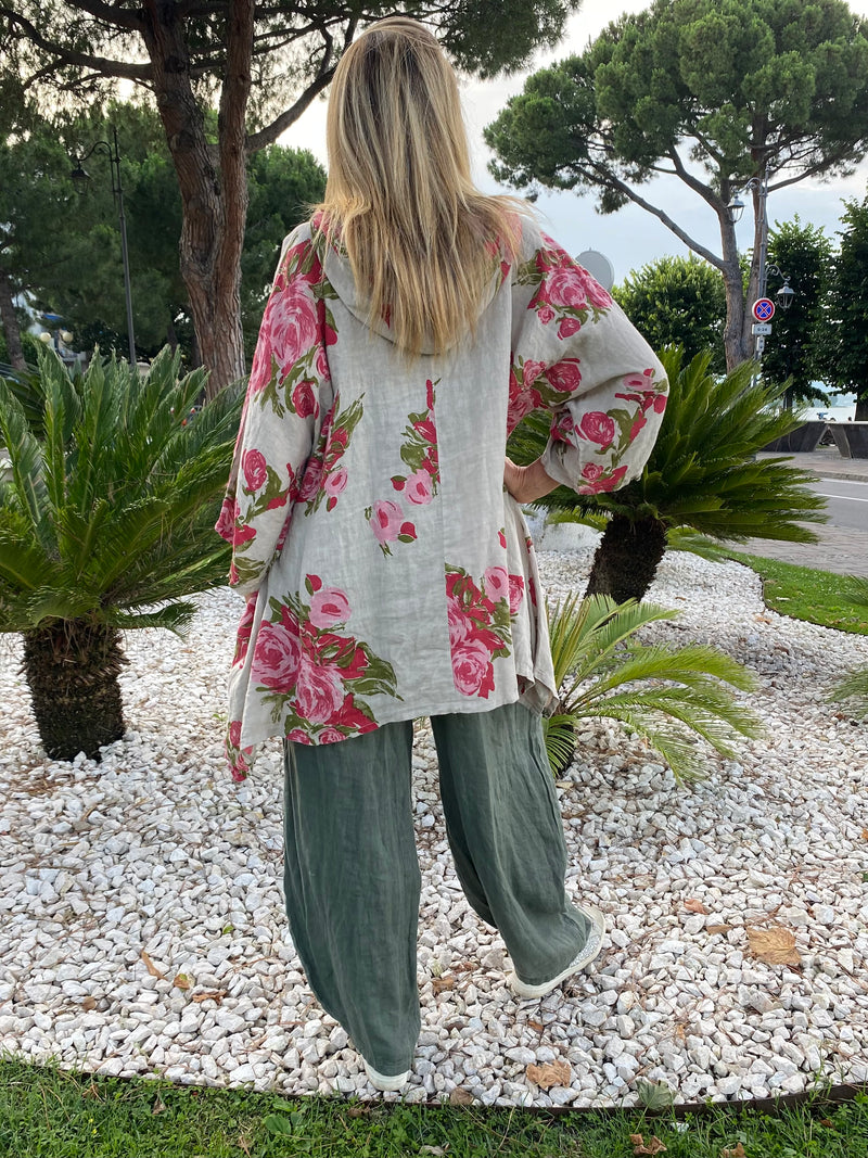 Blusa Dinah in lino BEIGE stampa fiori con cappuccio