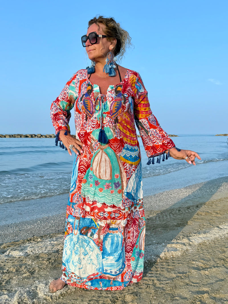Kaftano rosso, blu e turchese