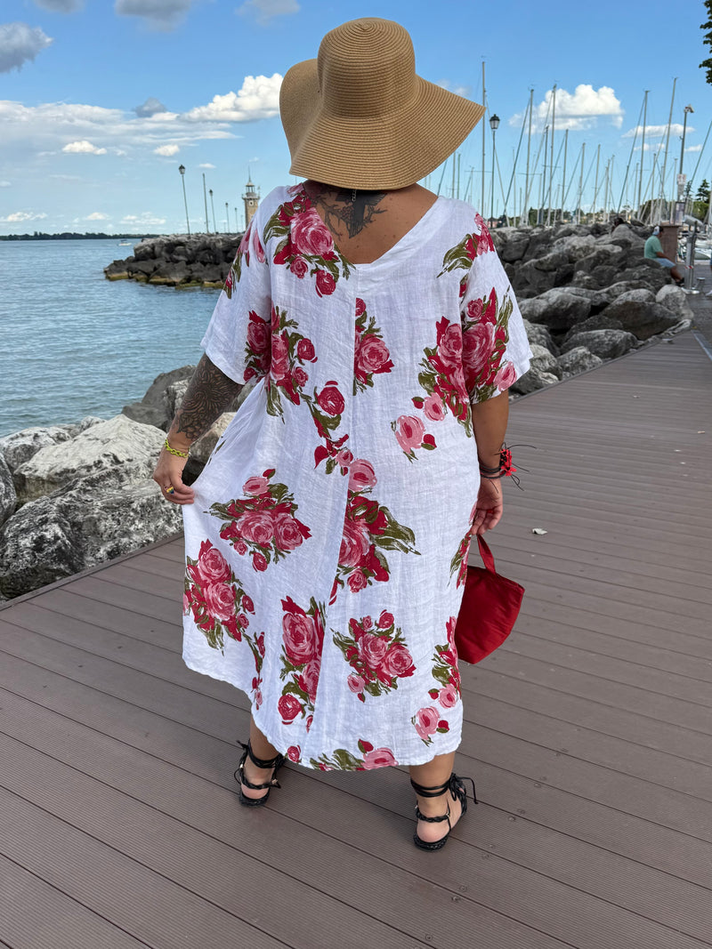 ABITO MIKA IN LINO BIANCO STAMPA ROSE