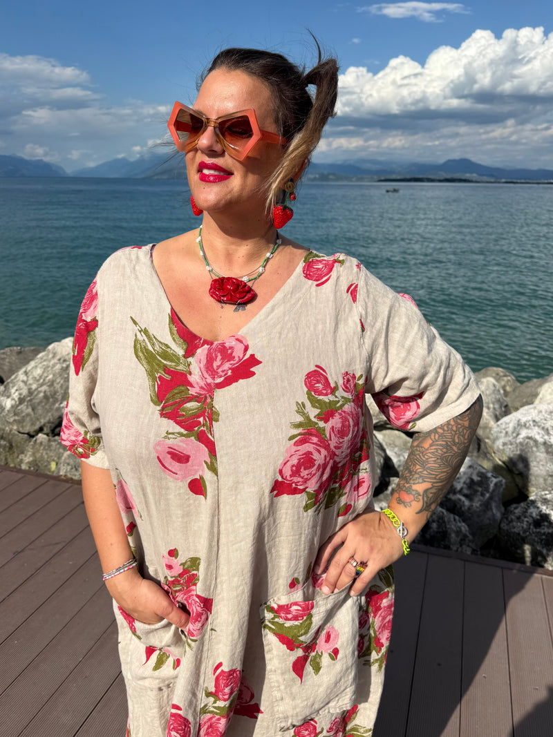 ABITO MIKA IN LINO BEIGE STAMPA ROSE