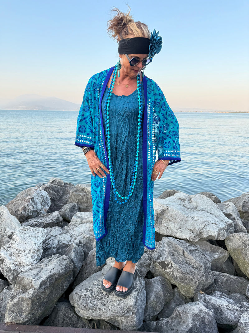 KIMONO TURCHESE RICAMI BLU