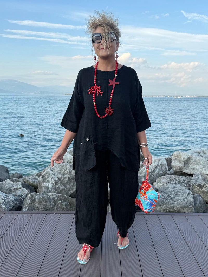 BLUSA LINO NERA OVER CON TASCHINO