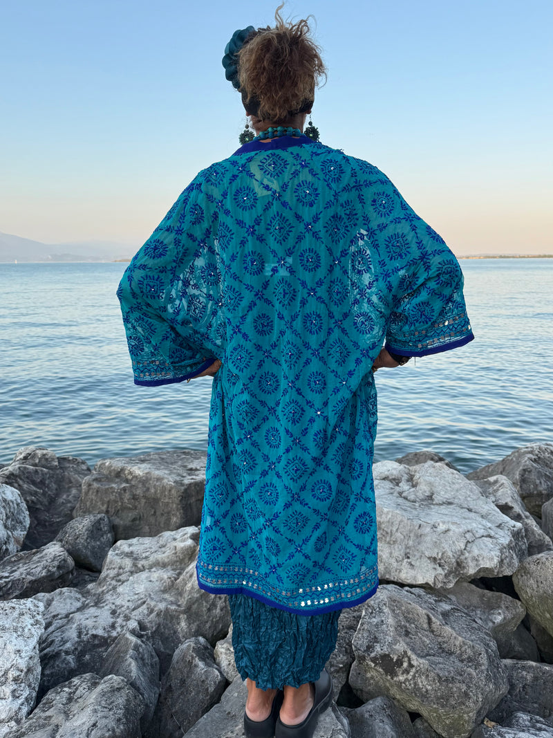 KIMONO TURCHESE RICAMI BLU