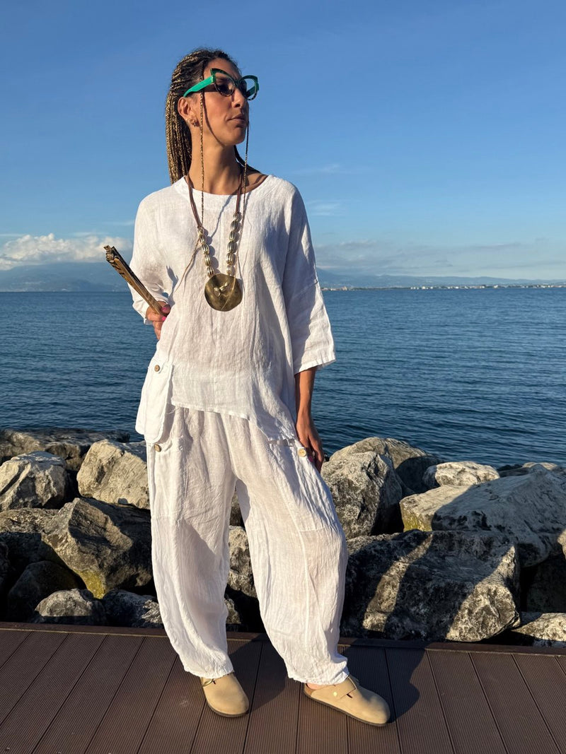 BLUSA LINO BIANCA OVER CON TASCHINO
