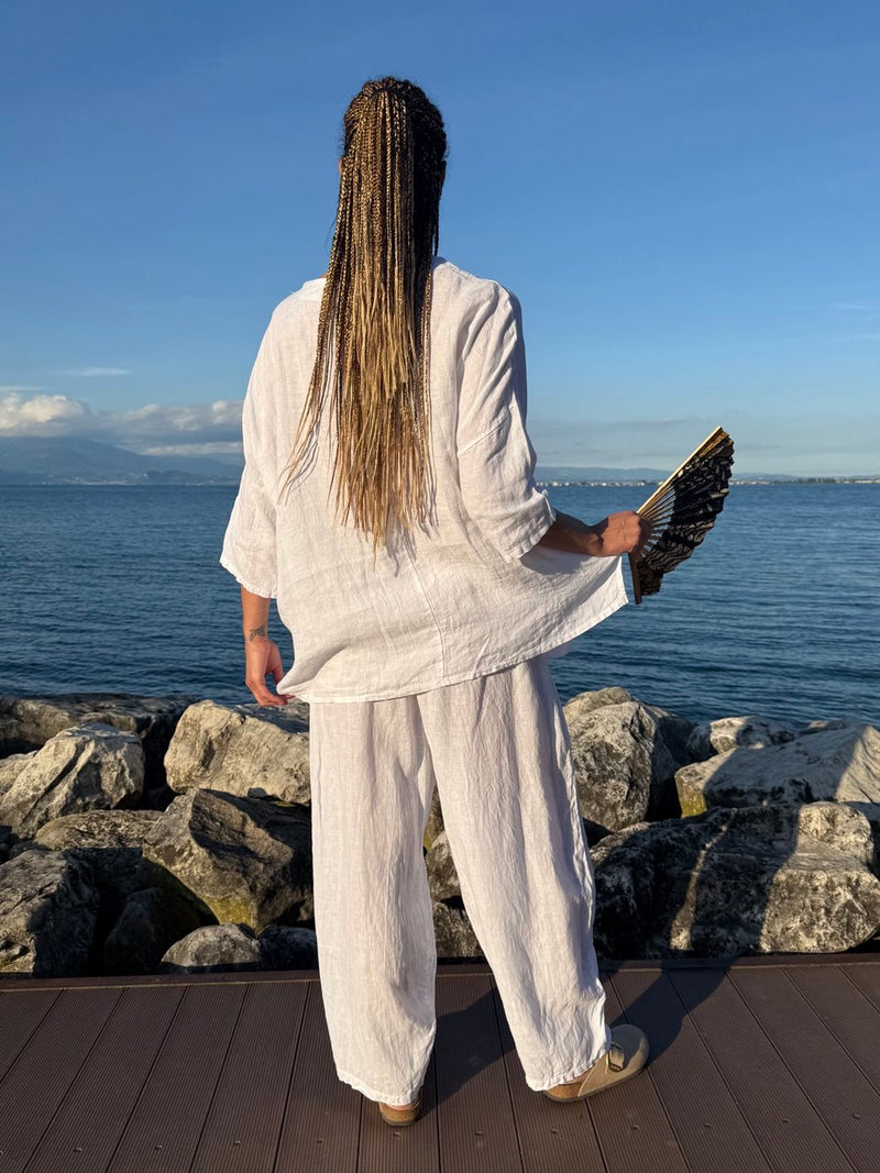 BLUSA LINO BIANCA OVER CON TASCHINO
