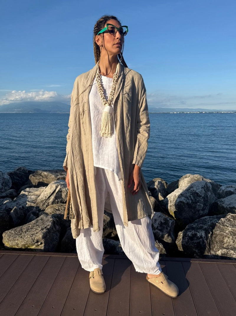 BLUSA LINO BIANCA OVER CON TASCHINO