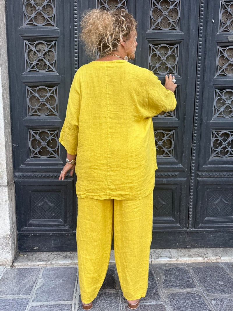 BLUSA LINO GIALLO OCRA CON TASCHINO