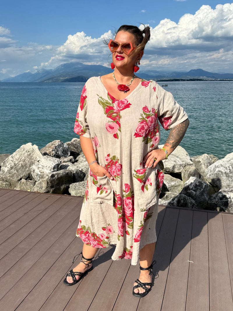 ABITO MIKA IN LINO BEIGE STAMPA ROSE