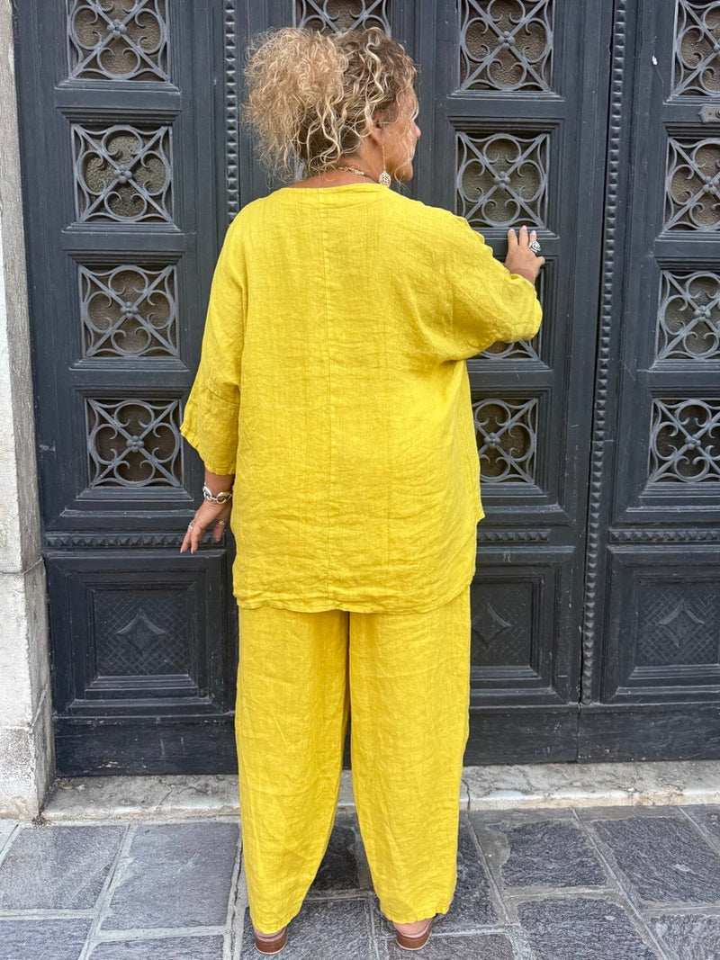 BLUSA LINO GIALLO OCRA CON TASCHINO