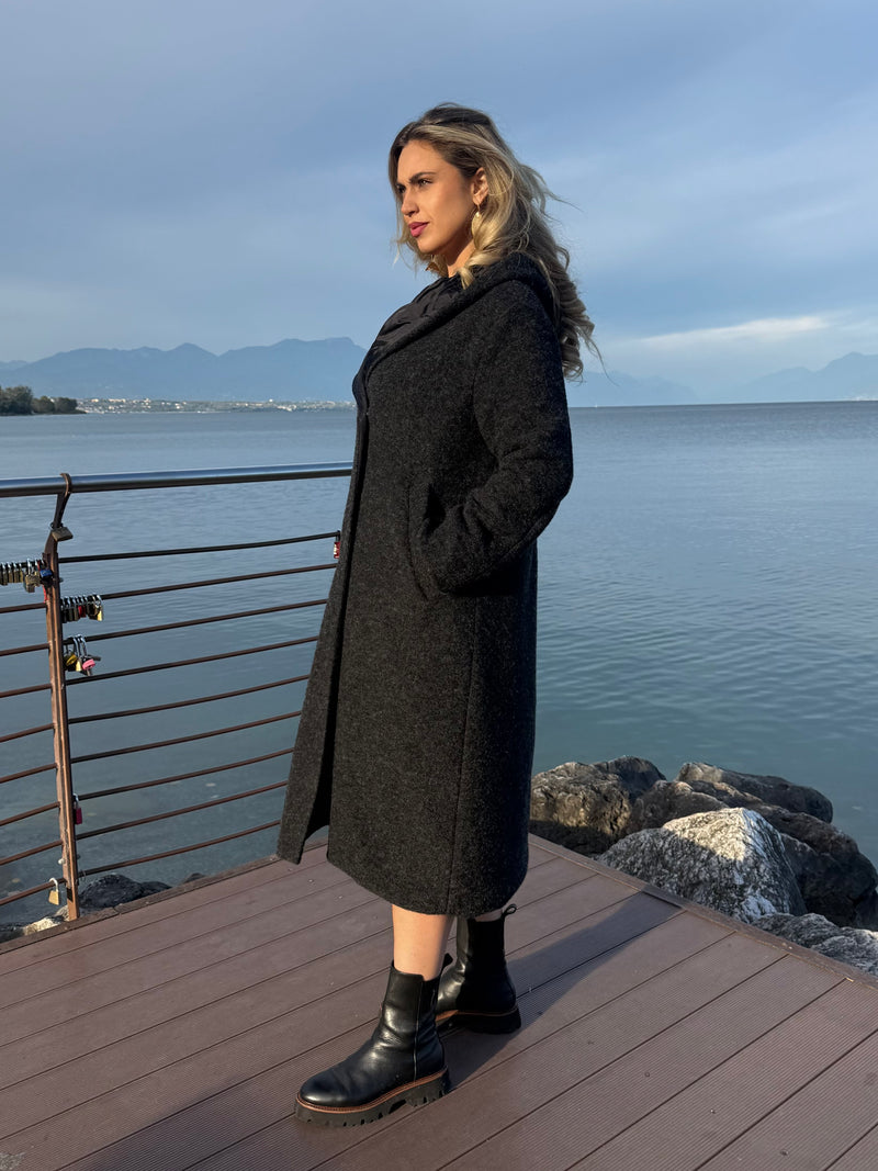 CAPPOTTO LUNGO CON CAPPUCCIO REVERSIBILE GRIGIO