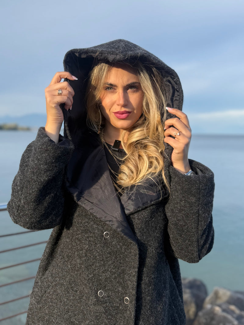CAPPOTTO LUNGO CON CAPPUCCIO REVERSIBILE GRIGIO