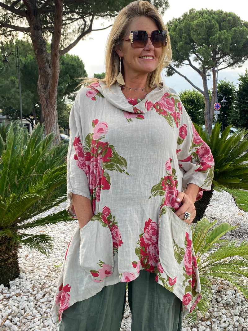 Blusa Dinah in lino BEIGE stampa fiori con cappuccio