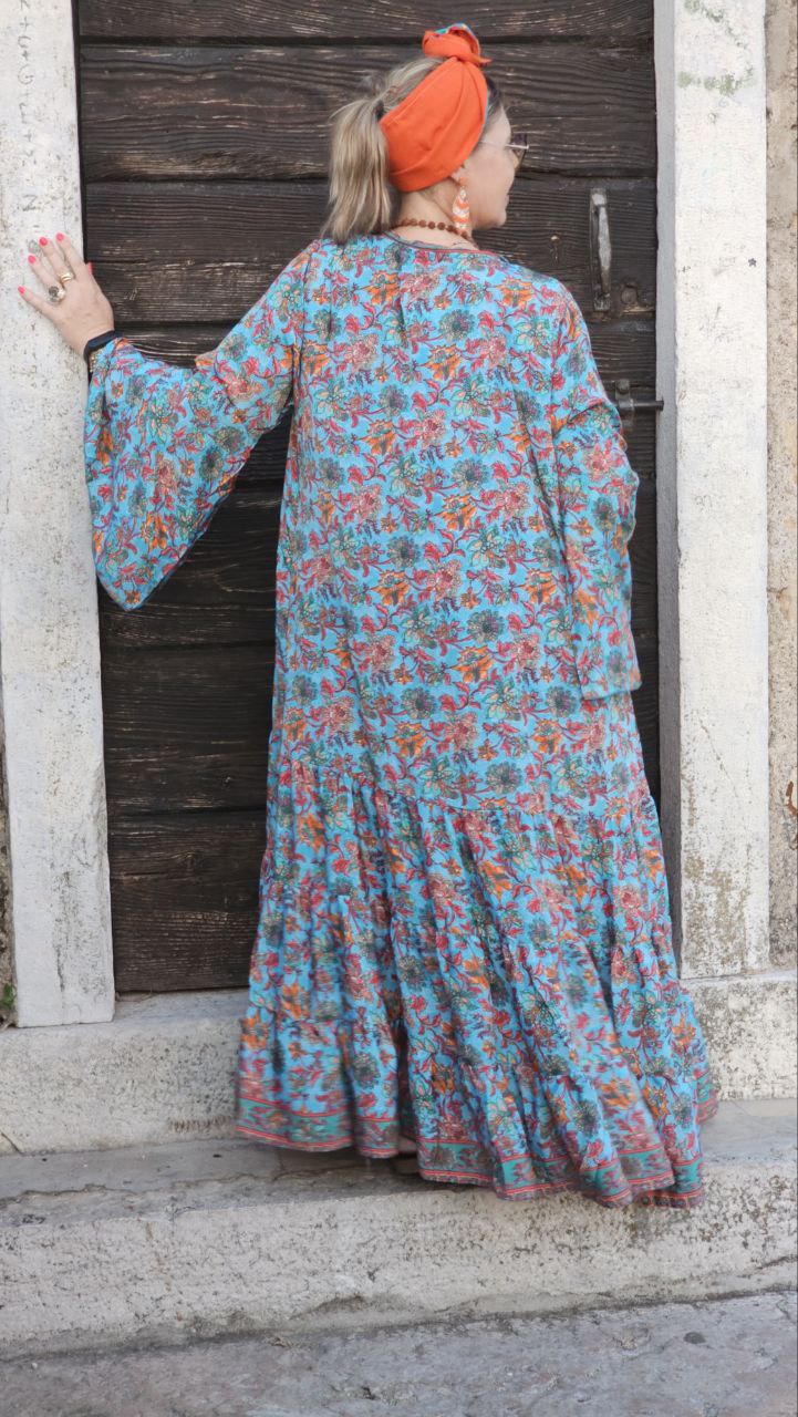 KIMONO CELESTE STAMPA FIORI ARANCIO E ROSSI