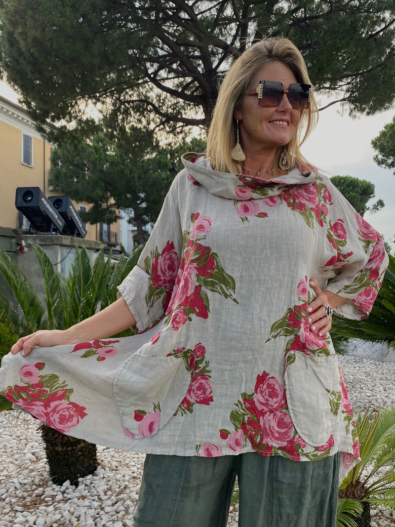 Blusa Dinah in lino BEIGE stampa fiori con cappuccio