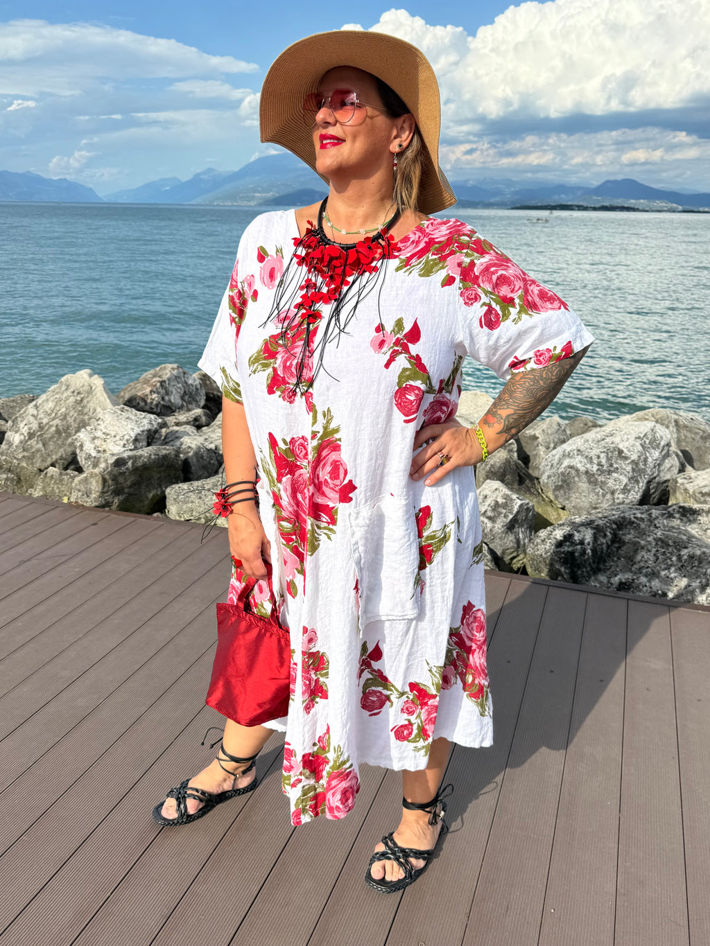 ABITO MIKA IN LINO BIANCO STAMPA ROSE
