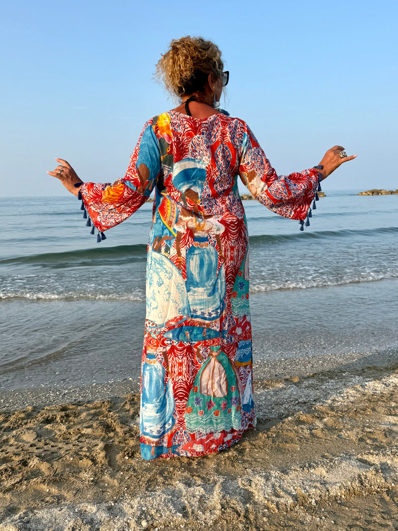 Kaftano rosso, blu e turchese