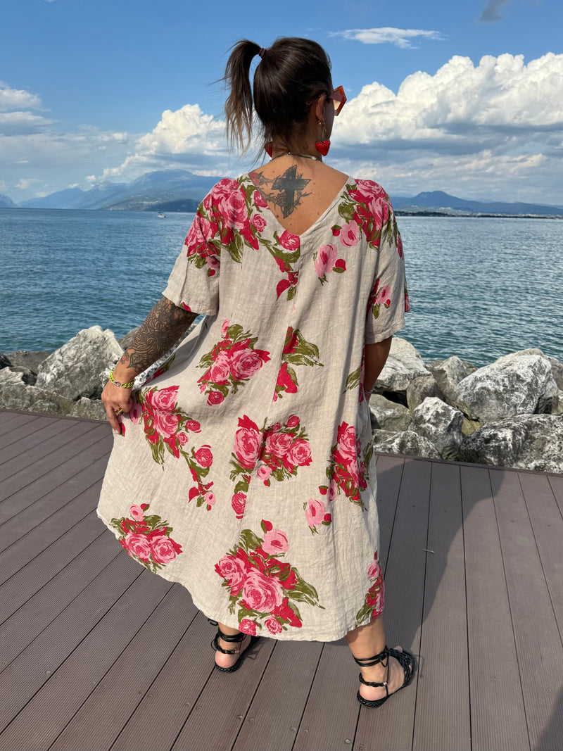ABITO MIKA IN LINO BEIGE STAMPA ROSE