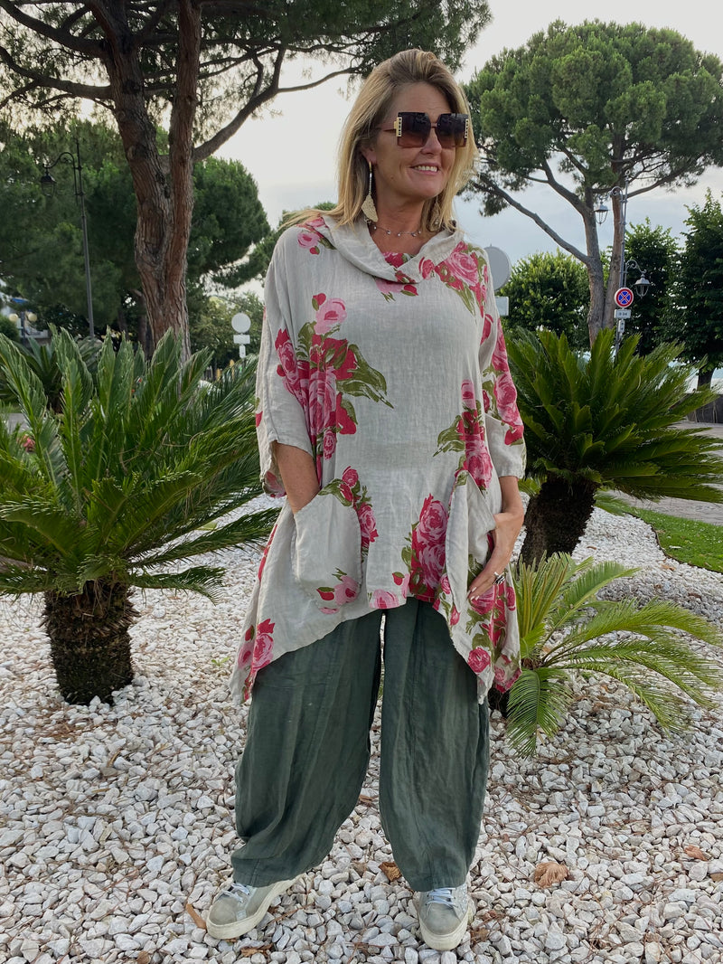 Blusa Dinah in lino BEIGE stampa fiori con cappuccio