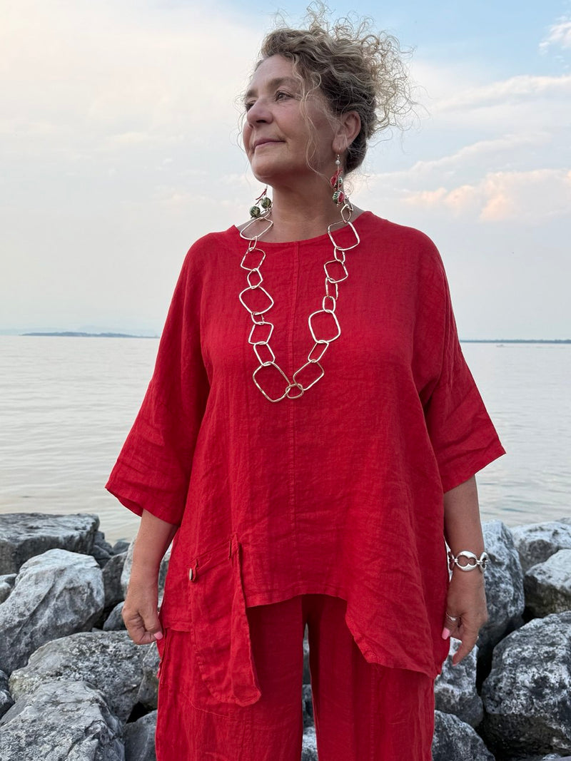 BLUSA LINO ROSSO OVER CON TASCHINO