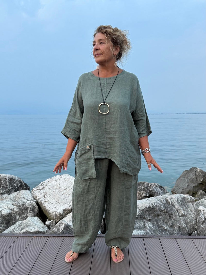 BLUSA LINO VERDE MILITARE OVER CON TASCHINO