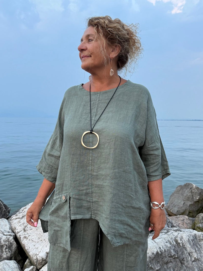 BLUSA LINO VERDE MILITARE OVER CON TASCHINO