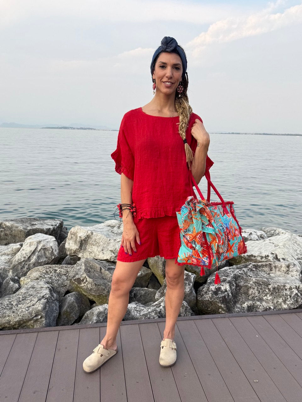 SHORT COMPLETO IN LINO ROSSO