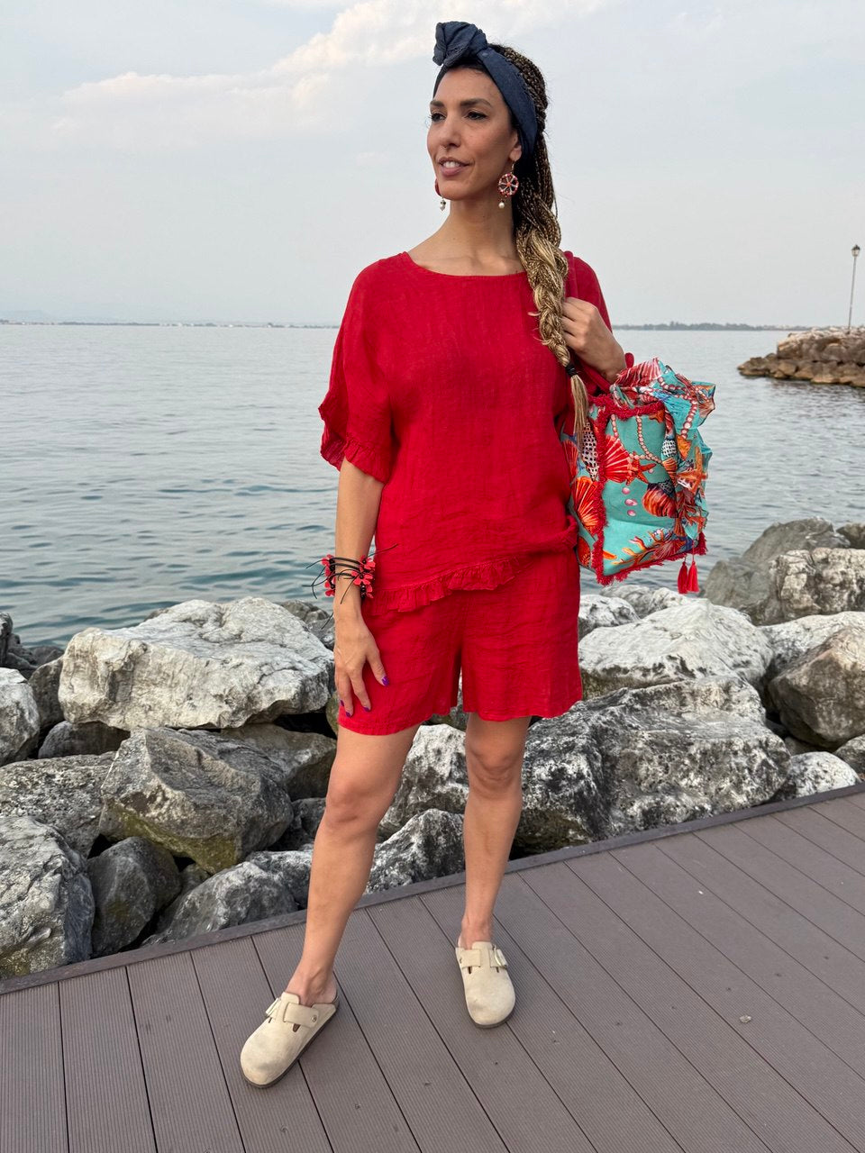 SHORT COMPLETO IN LINO ROSSO