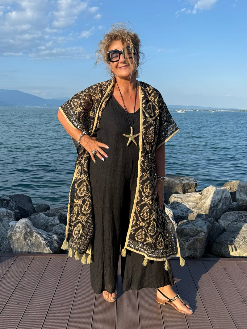 KIMONO NERO NAPPINE CAMMELLO