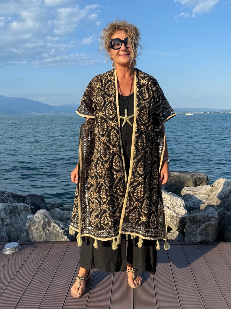 KIMONO NERO NAPPINE CAMMELLO
