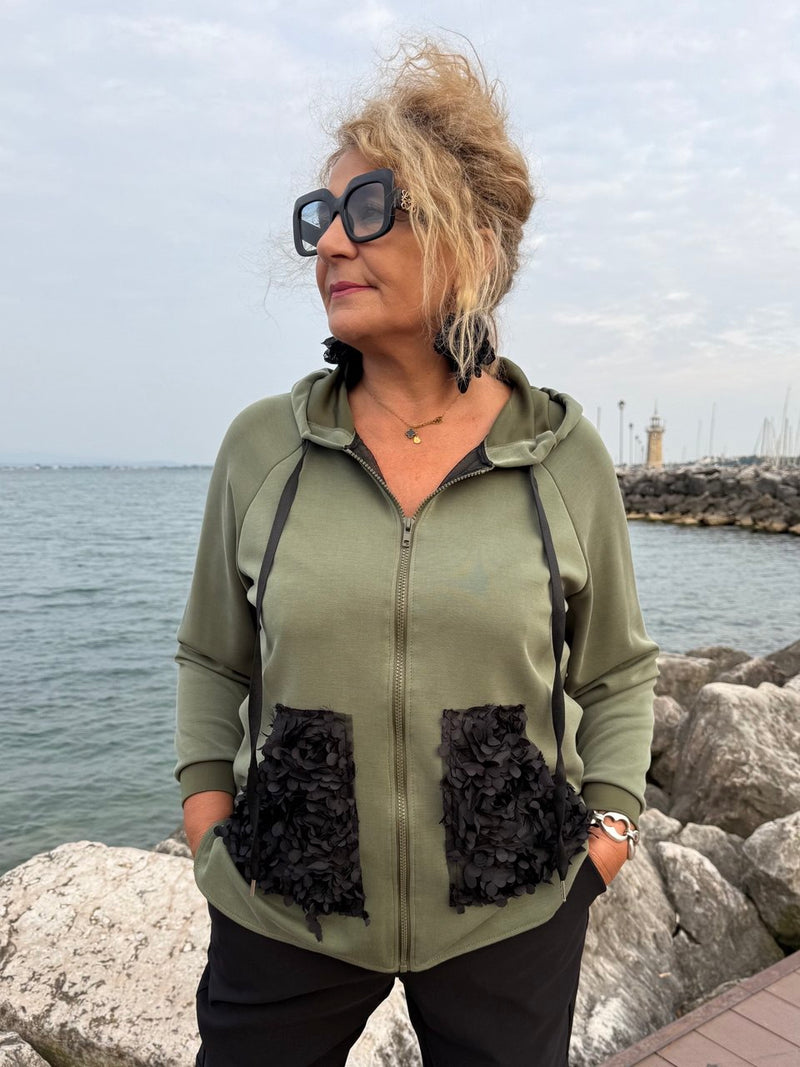 FELPA CON TASCHE PETALI VERDE MILITARE
