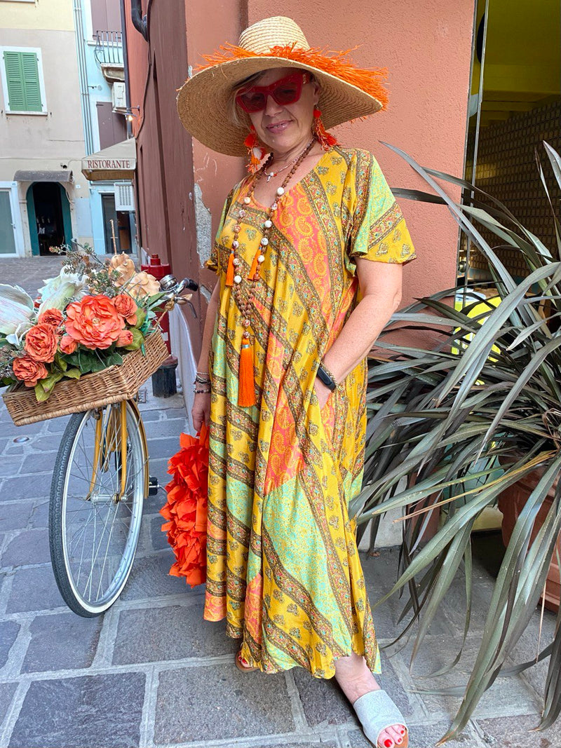 KIMONO CELESTE STAMPA FIORI ARANCIO E ROSSI