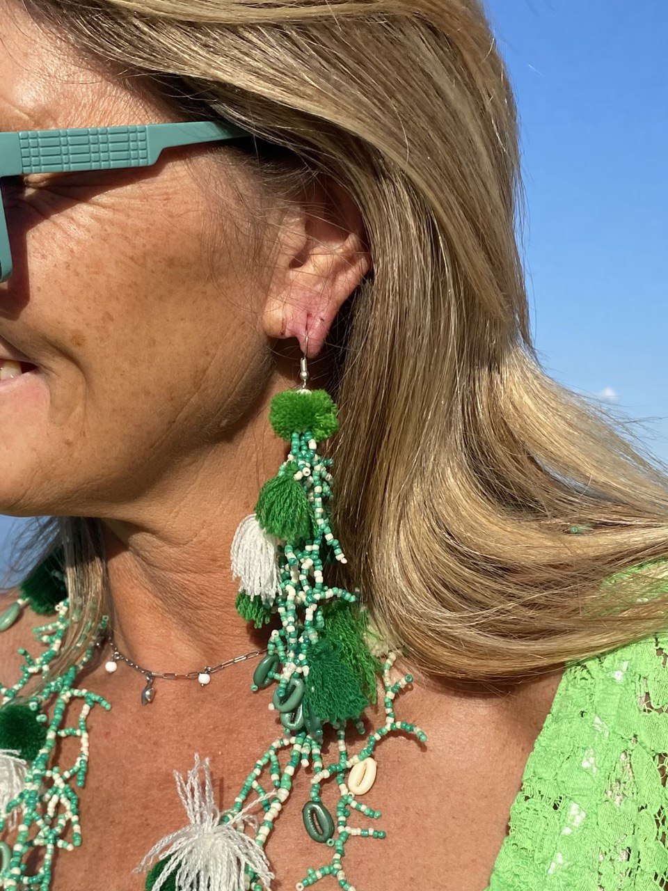 Orecchini Boho Hippie Con Dischi Di Perla Verde – Pendenti Lunghi 45mm, Miniblings