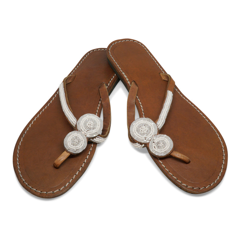 2 ROUNDS WHITE LEATHER SANDALS FLAT (EU 43 / US 10.5)