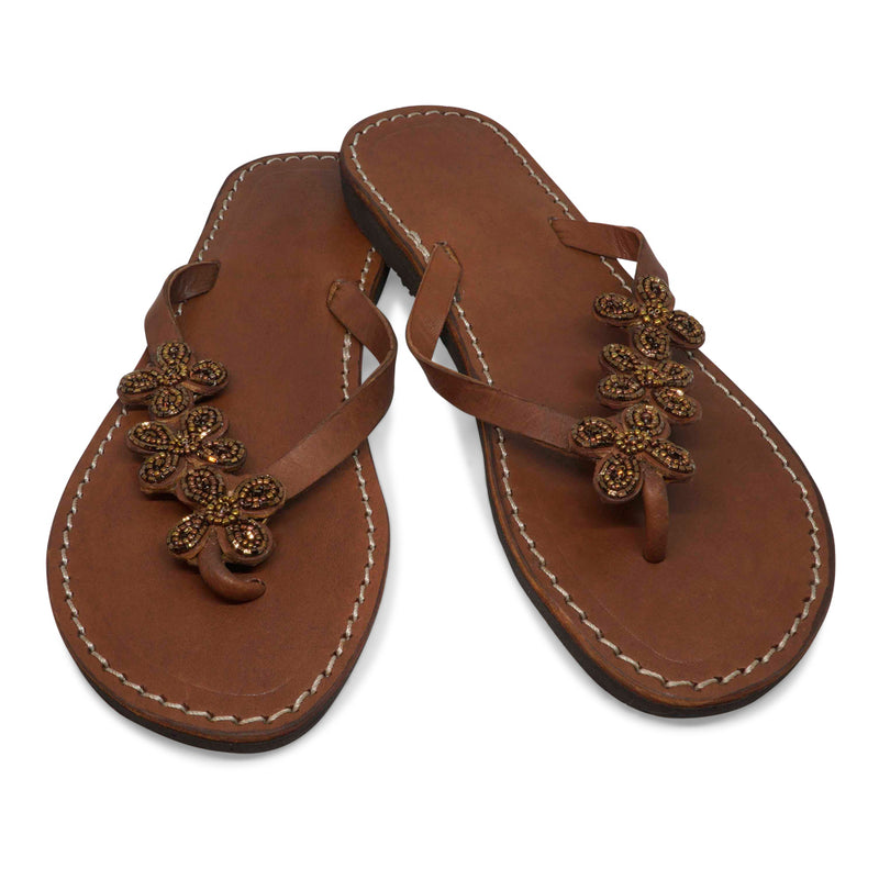 3 FLOWER COFFEE LEATHER SANDALS MEDIUM (EU 39 / US 8.5)