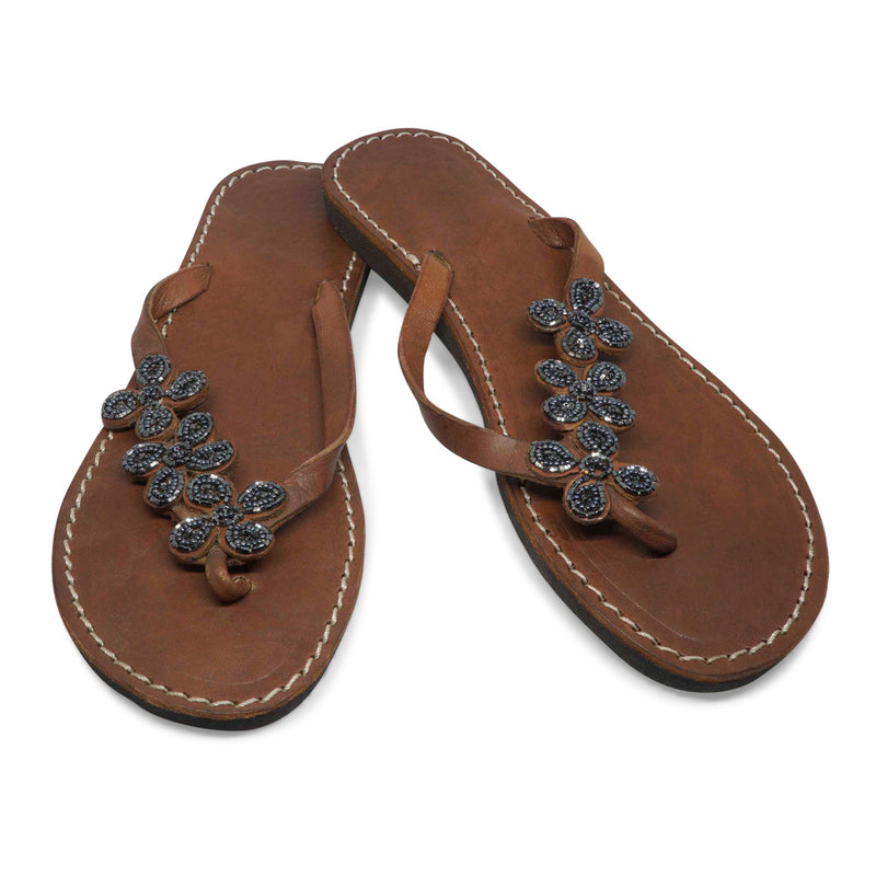 ROUND MOTHER PEARL AVIATION BLUE LEATHER SANDALS FLAT (EU 39 / US 8.5)