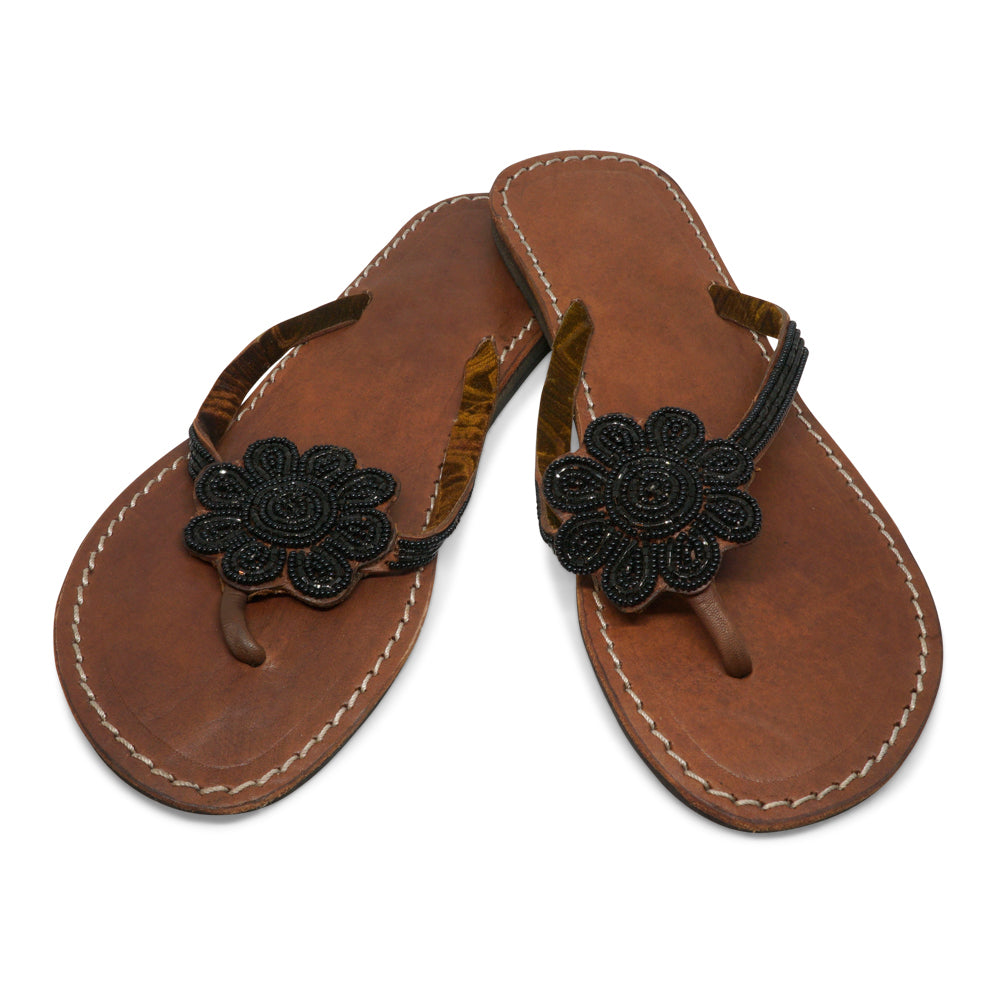 BIG FLOWER BLACK LEATHER SANDALS FLAT EU 39 US 8.5 LORI