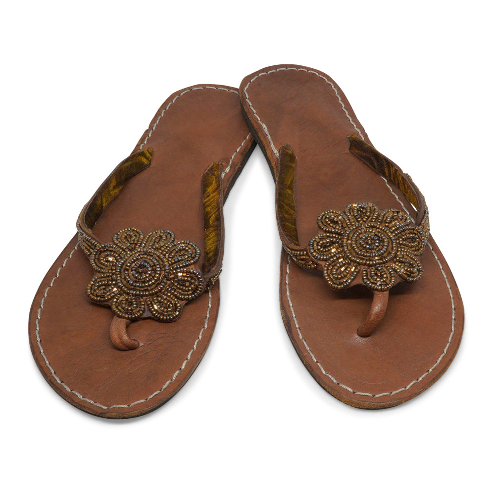 BIG FLOWER COFFEE LEATHER SANDALS FLAT (EU 42 / US 10)