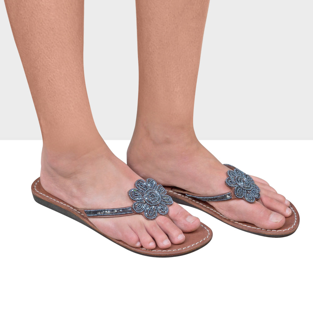 BIG FLOWER DENIM BLUE LEATHER SANDALS FLAT (EU 38 / US 7.5)