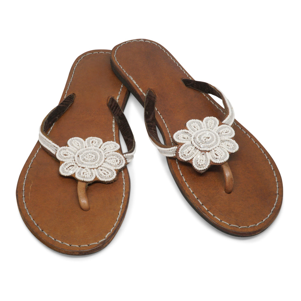 BIG FLOWER WHITE LEATHER SANDALS FLAT (EU 41 / US 9.5)