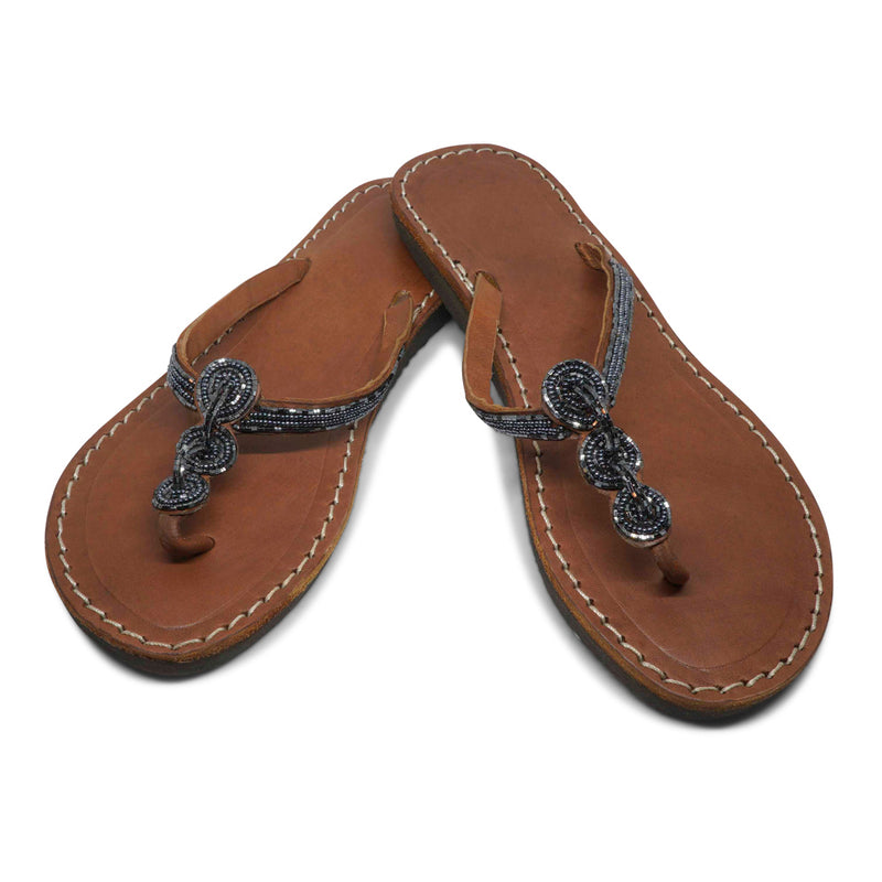 ROUND MOTHER PEARL AVIATION BLUE LEATHER SANDALS FLAT (EU 41 / US 9.5)
