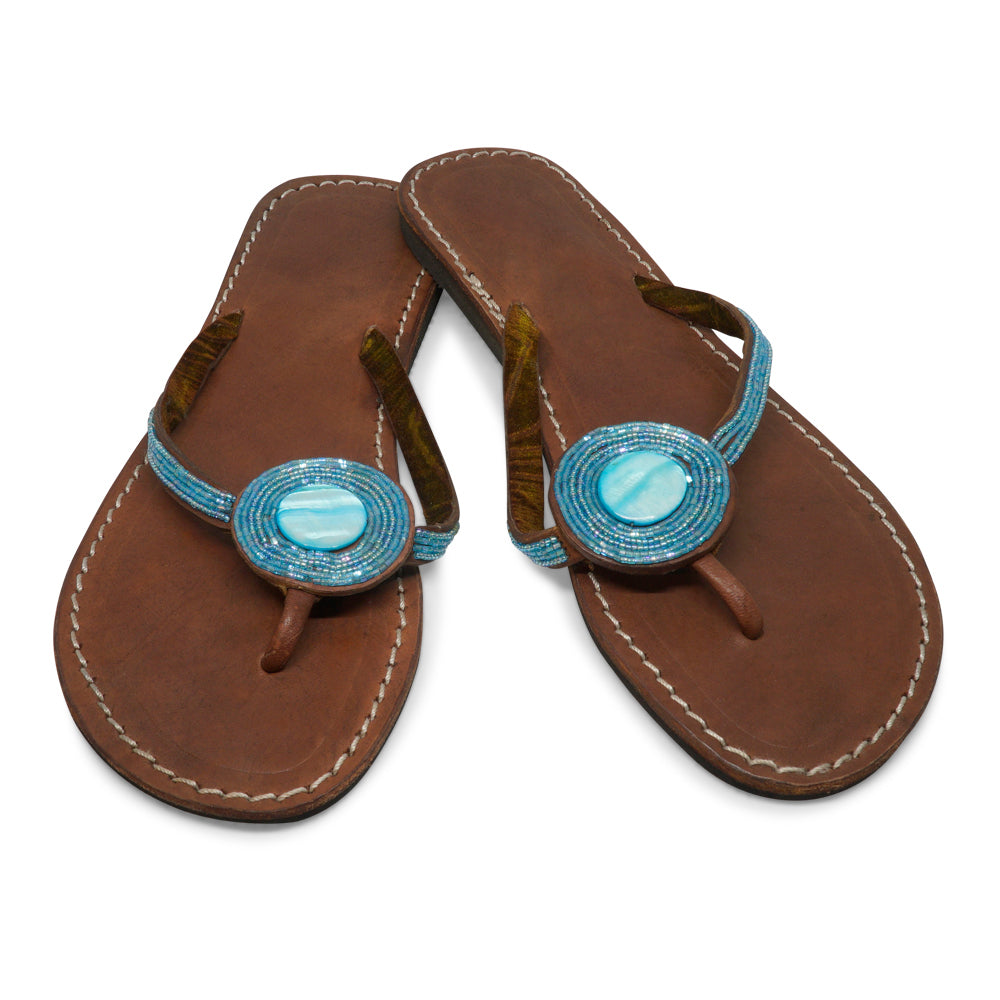 ROUND MOTHER PEARL AVIATION BLUE LEATHER SANDALS FLAT (EU 41 / US 9.5)